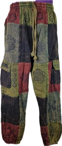 Generic Karma Handicrafts Unisex Patchwork Cotton Trouser Hippy Boho Combat Wide Festival Pant HT26 (US, Alpha, Large, X-Large, Regular, Regular, Green)