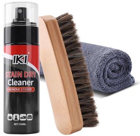 IKI Fleckenentferner Spray Set – Sneaker Reiniger mit Bürste & Mikrofasertuch – Tiefenreiniger Spray für Schuhe-, Wildleder-, Sneaker-, Netz-, Segeltuchschuhe und Stoff