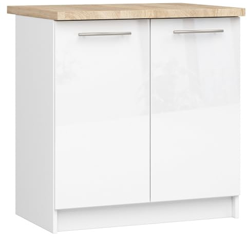 AKORD | Armario de cocina con encimera - Oliwia S80 | Mueble bajo con 2 puertas y 2 estantes | Armario de cocina bajo de 80 cm de ancho | 46x80x85 cm | Blanco | Blanco Brillante