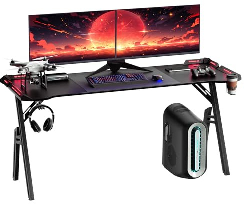 Kuro-sagol Table de jeu 160 x 60 cm - Bureau de gaming avec LED Esport - Surface en fibre de carbone - Porte-bouteille d'eau - Cadre en A solide - Crochet pour casque pour jouer - Noir