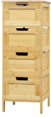 EUGAD Badezimmerschrank, Badschrank Bambus, Badregal mit 4 Schubladen, Badkommode stehend, Beistellschrank für Badezimmer Küche Flur, 30x80x30 cm