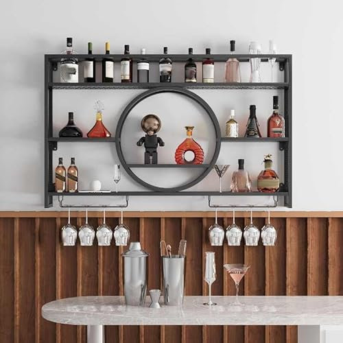 Weinregal Hängend,An Der Wand Montiertes Weinregal Mit Weinglashalter Industriell Weinregale Mit Weinglashalter Flaschenregal Weinregal Palette Eisen Weinregal(Size:120cm,Color:Schwarz)