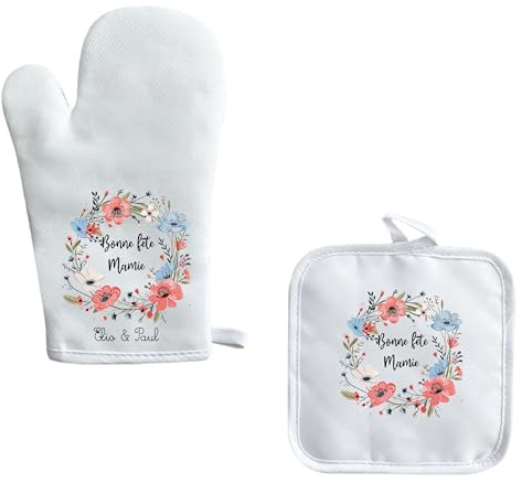 GantetManique de Cuisine Personnalisés - Bonne Fête Mamie avec Couronne de Fleurs et Prénoms des Petits-Enfants - Cadeau Unique pour Mamie