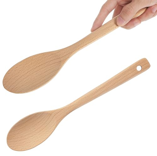 Gjinxi 2PCS Wooden Spoons, Wooden Cooking Spoons, Kitchen Utensil Apartment Essentials Large Spoon for Cooking Serving Mixing(Light Brown)