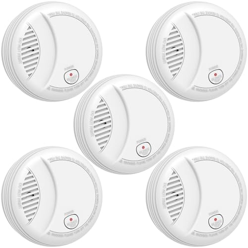 Happipofa Detector de Humo, Alarma de Humo con Sensor de 10 años de duración, Alimentado por batería reemplazable de 9 V, Detector de Incendios con función de Prueba silenciosa, Alarma de 85 dB,5 PCS
