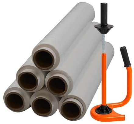 KUZI® Stretchfolien Abroller Profi Orange + 6 Rollen 2,5 kg Stretchfolie 23 my – extra reißfest – Verpackungsfolie für Paletten & Versand – 23my (Weiß)