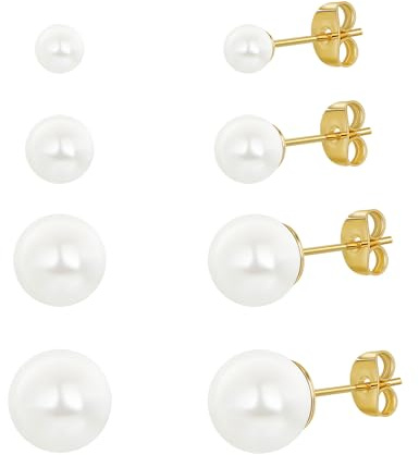 Perlenohrringe Damen Perlen ohrstecker 4 Paar Set Weiße Perlenohrstecker für Damen Edelstahl Stecker Gold 4/6/8/10mm