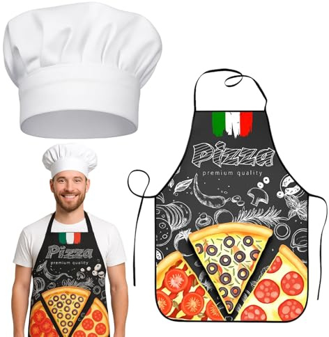 WangVipfei 2 Stück Pizza Schürze Set, und eine passende Mütze, Italienisch Stilisierte Lustige Küchenschürze, Universelle Grillschürze Für Männer Und Damen, Maße 60 X 80 Cm