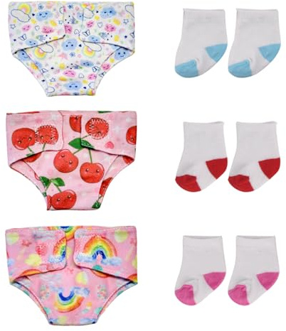 3 Puppenhöschen & 3 Paar Puppensocken Set für Baby-Puppen 30–43 cm (12–18 Zoll), Wiederverwendbares Puppenzubehör mit Niedlichem Kirsch/Regenbogen/Wolkenmuster für Pretend Play, Geschenk für Kinder