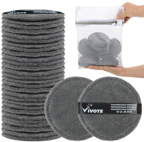 VIVOTE Tampons démaquillants lavables avec sac à linge, tampons en coton réutilisables | Lot de 30 lingettes démaquillantes en microfibre pour nettoyage du visage et soins de la peau Gris