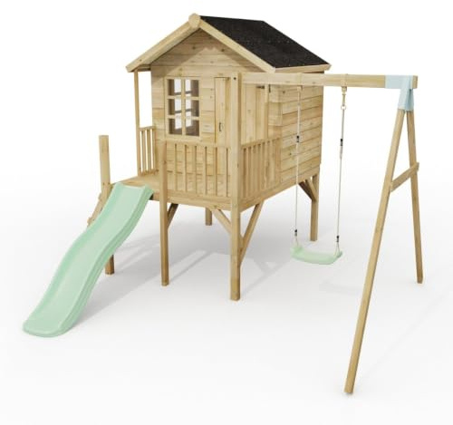 ClassicPlay Premium 5ft Playhouse on Deck with Single Swing and Slide Mint Green