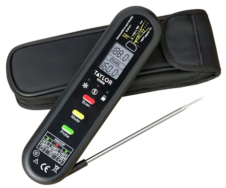 Taylor Dual Temp Infrared Thermocouple Thermometer, Multi-Functional Infrared Mode, Dual Line LCD, HOLD, Min/Max; Step Down Probe, Water Resistant, Black