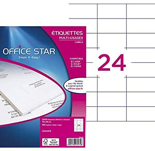 OFFICE STAR - låda med 2 400 självhäftande etiketter med flera användningsområden, anpassningsbara och utskrivbara, format 70 x 36 mm, laser/bläckstråleutskrift, (OS43475)