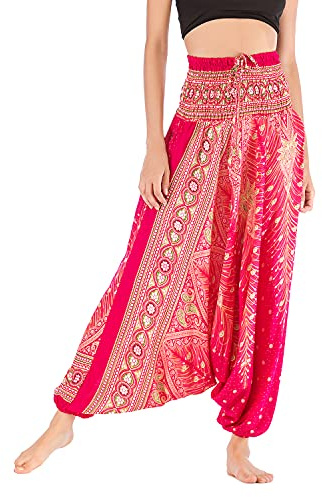 Lu's Chic Women's Boho Harem Pants Bohemian Drop Crotch Bangkok Indian Thai Genie Aladdin Halter Jumpsuit Baggy Gypsy Hippie Yoga Beach Bottoms Rose One Size