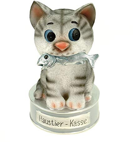 Kremers Schatzkiste Spardose Haustierkasse Katze mit Fisch Handbemalt Polyresin 17x10x10cm - Geschenkidee für Tierfreunde - Sparen für Tierarzt, Leckerlies, Notfälle
