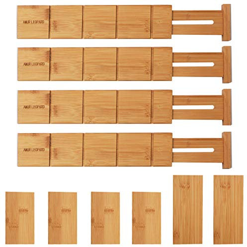 L PATTERN Schubladenteiler Bambus 4 Stück mit 6 zusätzlichen Mini Teilern, Schubladentrenner Verstellbar mit Interne Federbelastet, Schubladenorganizer Küche, kleiderschrank organizer(33,4-43,4 cm)