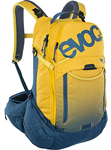 EVOC TRAIL PRO 26l Protektor Rucksack für Fahrradtouren, Backpack (LITESHIELD PLUS Rückenprotektor, leichter Fahrradrucksack, breite Hüftflossen, 3l Trinkblasenfach, Größe: L/XL), Curry/Denim