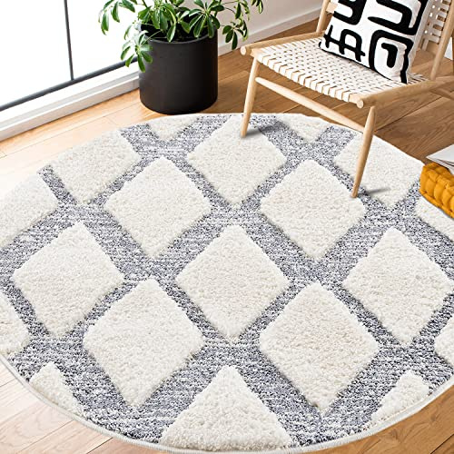 payé Teppich Rund - Skandinavisch Hochflor- 160x160cm - Boho - Pastell Cream Grau - Modern Raute Muster - Flauschig Weich - Wohnteppich Schlafzimmer Dekoration
