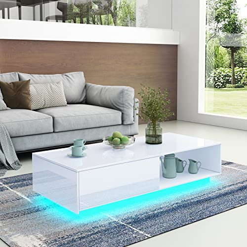 Couchtisch mit Stauraum, in glänzendem Weiß mit LED-Leuchten, für Wohnzimmer, rechteckiger Mitteltisch mit Schublade und offenem Regal 95 x 55 x 31 cm (2,5 m LED)