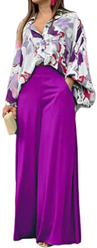 ORANDESIGNE Tuta da Donna a Due Pezzi Loose Fit Camicia a Maniche Lunghe con Pantaloni per Ufficio e Lavoro Elegante Tailleur con Pantaloni Top Bluse + Pantaloni da Completo Set A Viola XXL