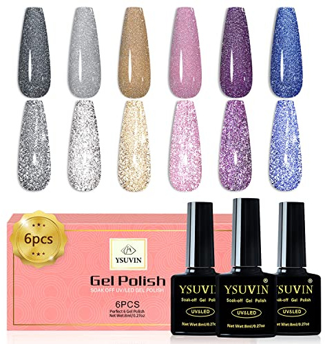 YSUVIN Vernis Semi Permanent Pailleté, 6 Couleurs Argent Gris Jaune Rose Violet Marine Étincelle Diamant Flash Vernis à Ongles Gel Paillettes Réfléchissants Soak Off UV pour Femme DIY Nail Salon