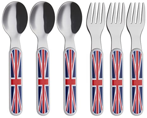 EXZACT Barnbestick 6 st rostfritt stål 18/10 barnbestick set 3 x gafflar, 3 x middagsskedar plasthandtag, småbarn redskap BPA-fri – Union Jack (3 gafflar + 3 skedar)