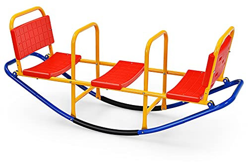 DREAMADE Balançoire à Bascule en Métal pour Enfant 3-8 Ans, Bascule avec 3 Siège, Trébuchet avec Poignées & Dossiers, pour Intérieur/Extérieur, Salon et Cours (Balançoire 3 Places)