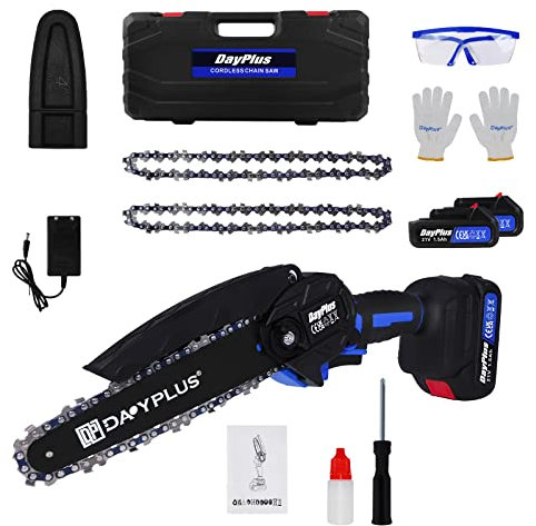 Motosierra de cadena con batería de 21 V, 2 pilas de iones de litio de 1,5 Ah, herramienta eléctrica sin escobillas de 600 W, 2200 RPM, maceta de aceite, motosierra portátil con 2 cadenas