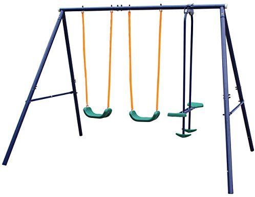 HooKung Outdoor Garden Swing Set with Four Seats A-Frame Heavy-Duty Steel with 1 Seesaw and 2 Swings Play Set for Kids