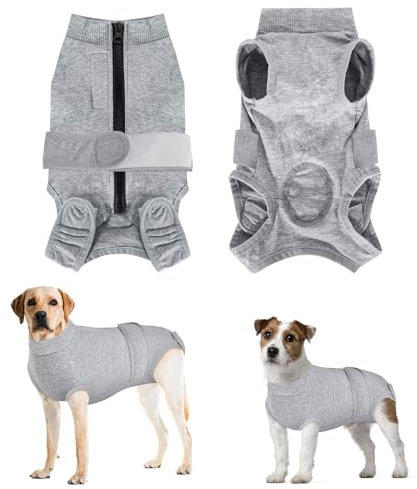 Eyein Hundebody Nach Op, Wundschutzanzüge für hündin Rüde mit Reißverschluss und Klettverschluss Gürtel - Anti-Lecken und Wundschutz, Atmungsaktiv Einteiler für Hunde Nach Op (Grau, L)