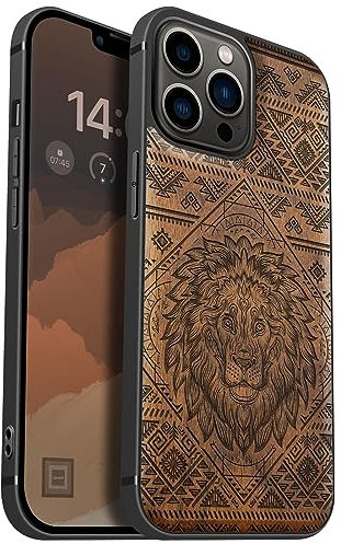 Carveit Coque magnétique pour iPhone 13 Pro Max Étui Bois Case de téléphone Antichoc Bumper TPU Compatible avec Magsafe 13 Pro Max Coque Bois Etui (Noyer-Le Lion Filigrane)