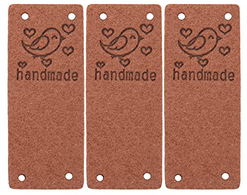 Tissting 100 Stück Handmade Label zum Annähen, 5 x 2 cm Rechteckig Braun Mikrofaser Vogel Muster Blank Etiketten Handgefertigte Deko Lederetiketten für DIY Nähen Kleidung Stricken Häkeln