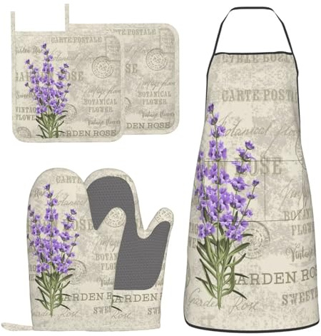 BOKEKANG Lavendel Blumen Elegante Postkarte Vintage Ofenhandschuhe und Topflappen mit Schürze 5er Set Silikon Küchenhandschuh und rutschfeste Topflappen Schürze Set Hitzebeständige Ofenhandschuhe Hot