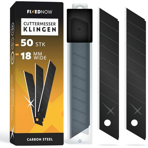 FixedNow 50 x Cuttermesser Klingen 18mm extra scharf aus japanischem Carbonstahl I Profi Abbrechklingen schwarz für Cutter Messer & Teppichmesser I Kattermesser Ersatzklingen, Utility Knife Blade