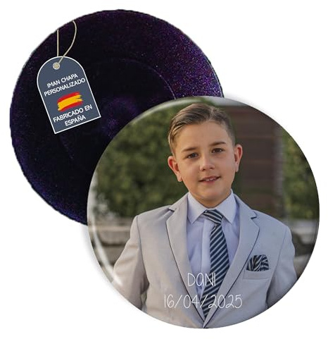 Personalisierte Magnete. Personalisierte Buttons. Kommunionsgeschenke für Gäste. Hochzeitsgeschenke. Personalisierte Fotogeschenke. Mengenrabatte. Magnetanstecker 59 mm. 25 Stück.