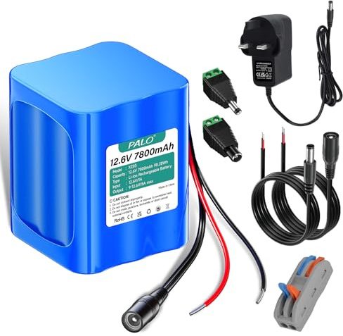 Mspalocell Batería de iones de litio de 12,6 V 7800 mAh con cargador, línea de conexión y adaptador de conector, para panel solar, videocámaras, videovigilancia, router doméstico, sistemas de alarma,
