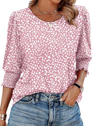 Aokosor 3/4 Sleeve Tops for Women UK Summer T Shirts | Blouses for Women, Womens Tops Dressy Causal, Crew Neck, Puff Sleeve, Elastic Cuff, Curved Hem,Loose Fit