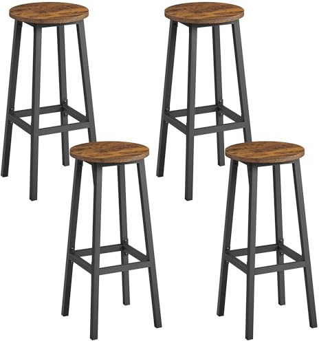 VASAGLE Tabourets de Bar, Lot de 4, Chaises, Siège Haut, Cadre Métallique, Montage Facile, Hauteur 74 cm, Repose-Pieds, pour Cuisine, Salon, Salle à Manger, Marron Rustique et Noir LBC332K01