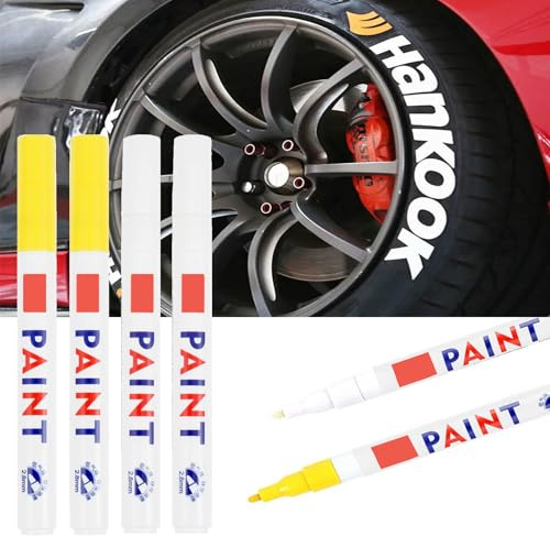Altaroo 4 Stück Reifenstift, Reifen Stift Weiß Gelb, Reifen Stift Weiß Wasserfest, Reifenstift Weis Wasserfest für Auto Motorrad Reifen, Glas, Metall, Gummi