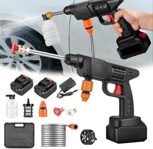 Idropulitrice a Batteria, 48V Max 90 Bar Idropulitrice Portatile con 2 Batteria, Ugello Multispruzzo 6 in 1, Tubo da 5M, Lancia di Prolunga, Strumento per La Pulizia Dell'auto da Esterno