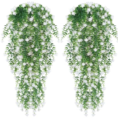 YELYAN 2pcs 76.2cm Artificial Hanging Flowers UV Resistant Fake Flower Bouquet Hanging Vine Plants Drooping Plants for Home Wall Garden Wedding Indoor Outdoor Wedding Party Decoration(White)