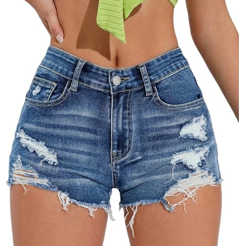 Womens High Waisted Ripped Trim Denim Shorts, Vintage Casual Jean Shorts with Pockets