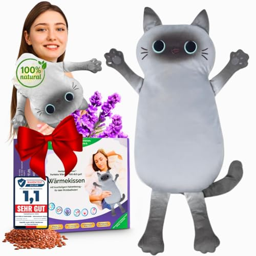 Heatbelle Empower® Körnerkissen, Kuscheliges Wärmekissen, Mikrowelle geeignet, waschbarer Bezug, Tier Katze Ideal bei Verspannungen und Krämpfen Geschenke für Frauen, Mädchen und Kinder (Katze grau)