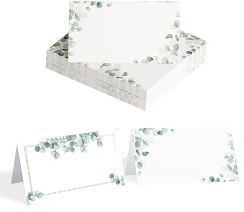 80 Pcs Table Place Cards for Table Settings, Tented Wedding Name Cards with Eucalyptus Leaf Design, Blank Paper Seating Place Card for Wedding Christmas Dinner Birthday Events Party Decorations