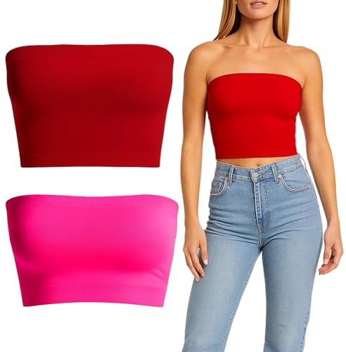 BFSYRR Bandeau Top, 2 PCS Tube Top, Pink And Red Boob Tube, Strapless Tank Basic Short Ladies Boobtube Tops For Party Parties Beach Travel
