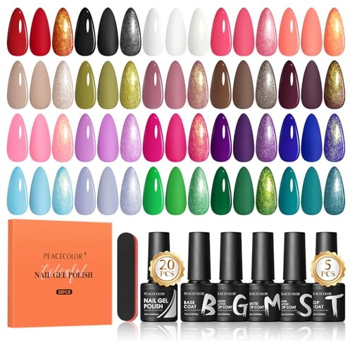 PEACECOLOR 25PCS Gel Nail Polish Set - 20 Colours Gel Polish Set All Seasons White Black Red Blue Green Nail Polish with Base Glossy Matte Glitter Top Coat Soak Off Gels Home Beginner Gift for Women