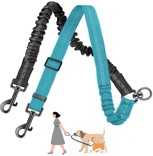 Laisse Double Réglable pour 2 Chiens, Anti-Enchevêtrement, 360° Rotative, Réfléchissante, pour Promenade et Dressage - Taille Unique pour Chiens de Toutes Tailles (Noir + Bleu)