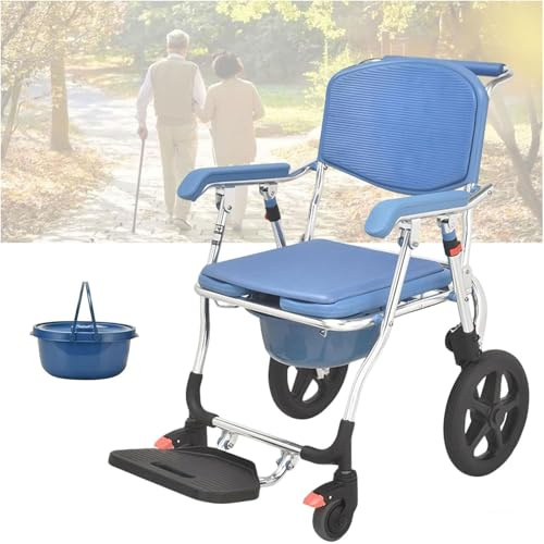 ZHNANDAMAI Sedia Comoda Pieghevole WC per Anziani con Rotelle, Sedia a Rotelle da Doccia con Braccioli e Schienale, Sedia da Toilette Mobile con Freno e Vasino, Sedia da Notte per Adulti