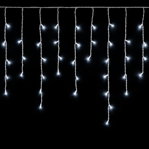 IXTRIMA Tenda Luminosa 120 LED, 3Mt, Luce Bianca, Cavo Bianco, IP65, Prolungabile, Effetto Flash, Con fili pendenti a lunghezze alternate (30–70–40–60 cm) per effetto a cascata,ghirlanda nataliza
