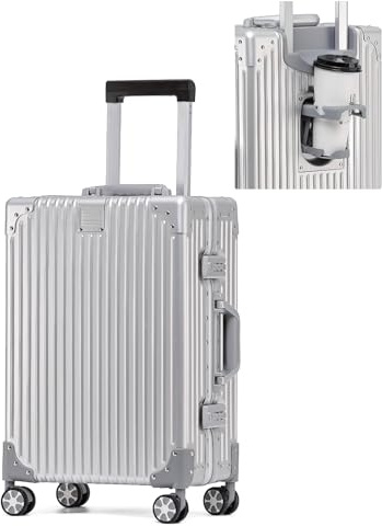 Quivora‌ 20 Inch Luggage with Cup Holder, 100% All Aluminum Suitcase, Zipperless Aluminum Luggage with TSA Locks, Cup Holder(Silver,20 inch)